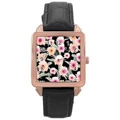 Watercolor Vintage Retro Floral Rose Gold Leather Watch  by GardenOfOphir