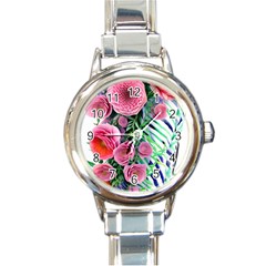 Adorned Watercolor Flowers Round Italian Charm Watch by GardenOfOphir