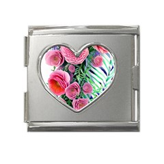 Adorned Watercolor Flowers Mega Link Heart Italian Charm (18mm)