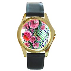 Adorned Watercolor Flowers Round Gold Metal Watch by GardenOfOphir