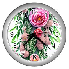 Brilliant Blushing Blossoms Wall Clock (silver) by GardenOfOphir