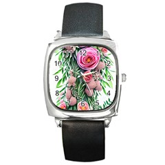 Brilliant Blushing Blossoms Square Metal Watch by GardenOfOphir