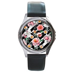 Exotic Watercolor Botanical Flowers Pattern Round Metal Watch by GardenOfOphir