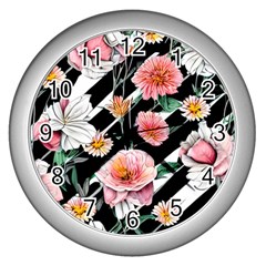 Exotic Watercolor Botanical Flowers Pattern Wall Clock (silver) by GardenOfOphir