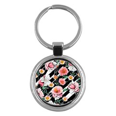 Exotic Watercolor Botanical Flowers Pattern Key Chain (round) by GardenOfOphir