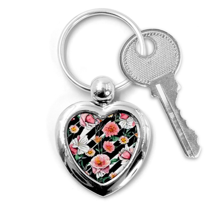 Exotic Watercolor Botanical Flowers Pattern Key Chain (Heart)