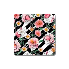 Exotic Watercolor Botanical Flowers Pattern Square Magnet by GardenOfOphir