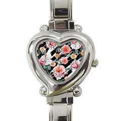 Exotic Watercolor Botanical Flowers Pattern Heart Italian Charm Watch by GardenOfOphir