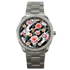 Exotic Watercolor Botanical Flowers Pattern Sport Metal Watch by GardenOfOphir