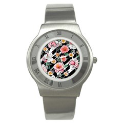 Exotic Watercolor Botanical Flowers Pattern Stainless Steel Watch by GardenOfOphir