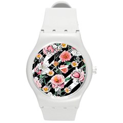 Exotic Watercolor Botanical Flowers Pattern Round Plastic Sport Watch (m) by GardenOfOphir