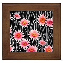 Botanical Black Pink Flowers Pattern Framed Tile by GardenOfOphir