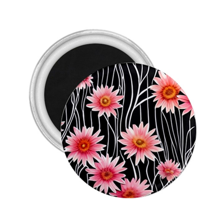 Botanical Black Pink Flowers Pattern 2.25  Magnets