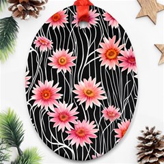 Botanical Black Pink Flowers Pattern Ornament (oval) by GardenOfOphir