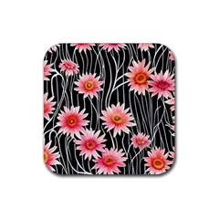 Botanical Black Pink Flowers Pattern Rubber Coaster (square)