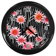 Botanical Black Pink Flowers Pattern Wall Clock (black) by GardenOfOphir