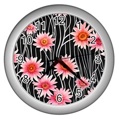 Botanical Black Pink Flowers Pattern Wall Clock (silver) by GardenOfOphir