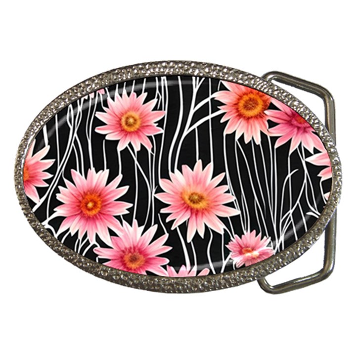 Botanical Black Pink Flowers Pattern Belt Buckles