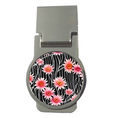 Botanical Black Pink Flowers Pattern Money Clips (round)  by GardenOfOphir