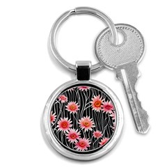 Botanical Black Pink Flowers Pattern Key Chain (round) by GardenOfOphir