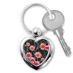 Botanical Black Pink Flowers Pattern Key Chain (heart) by GardenOfOphir