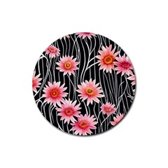 Botanical Black Pink Flowers Pattern Rubber Round Coaster (4 Pack)