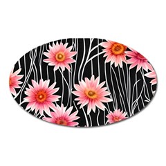 Botanical Black Pink Flowers Pattern Oval Magnet by GardenOfOphir