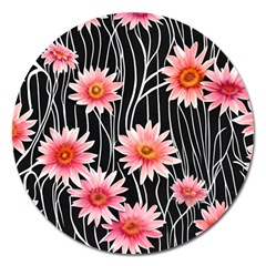 Botanical Black Pink Flowers Pattern Magnet 5  (round) by GardenOfOphir