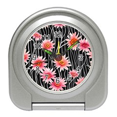 Botanical Black Pink Flowers Pattern Travel Alarm Clock by GardenOfOphir