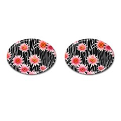 Botanical Black Pink Flowers Pattern Cufflinks (oval) by GardenOfOphir