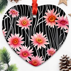 Botanical Black Pink Flowers Pattern Heart Ornament (two Sides) by GardenOfOphir