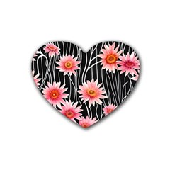 Botanical Black Pink Flowers Pattern Rubber Coaster (heart) by GardenOfOphir