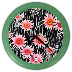 Botanical Black Pink Flowers Pattern Color Wall Clock by GardenOfOphir