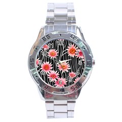 Botanical Black Pink Flowers Pattern Stainless Steel Analogue Watch by GardenOfOphir