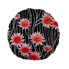 Botanical Black Pink Flowers Pattern Standard 15  Premium Round Cushions by GardenOfOphir