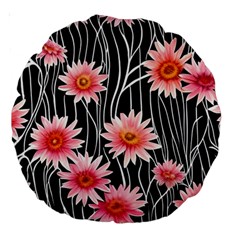 Botanical Black Pink Flowers Pattern Large 18  Premium Round Cushions by GardenOfOphir