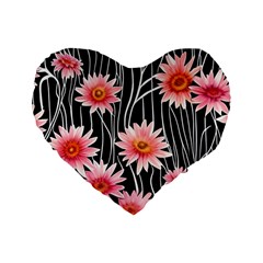 Botanical Black Pink Flowers Pattern Standard 16  Premium Heart Shape Cushions by GardenOfOphir