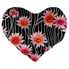 Botanical Black Pink Flowers Pattern Large 19  Premium Heart Shape Cushions by GardenOfOphir