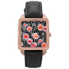 Botanical Black Pink Flowers Pattern Rose Gold Leather Watch  by GardenOfOphir