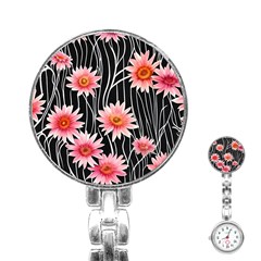 Botanical Black Pink Flowers Pattern Stainless Steel Nurses Watch by GardenOfOphir