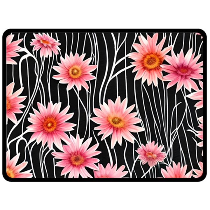 Botanical Black Pink Flowers Pattern Fleece Blanket (Large)