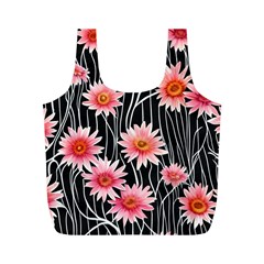 Botanical Black Pink Flowers Pattern Full Print Recycle Bag (m) by GardenOfOphir