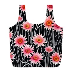 Botanical Black Pink Flowers Pattern Full Print Recycle Bag (l) by GardenOfOphir