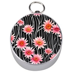 Botanical Black Pink Flowers Pattern Silver Compasses by GardenOfOphir