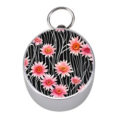 Botanical Black Pink Flowers Pattern Mini Silver Compasses by GardenOfOphir