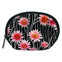 Botanical Black Pink Flowers Pattern Accessory Pouch (medium)