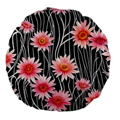 Botanical Black Pink Flowers Pattern Large 18  Premium Flano Round Cushions by GardenOfOphir