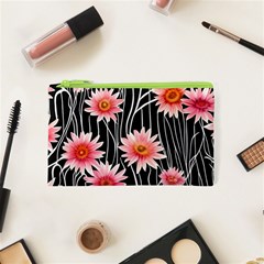 Botanical Black Pink Flowers Pattern Cosmetic Bag (xs) by GardenOfOphir