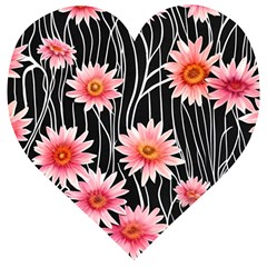 Botanical Black Pink Flowers Pattern Wooden Puzzle Heart by GardenOfOphir