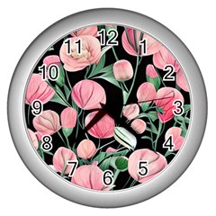 Boho Watercolor Botanical Flowers Wall Clock (silver) by GardenOfOphir